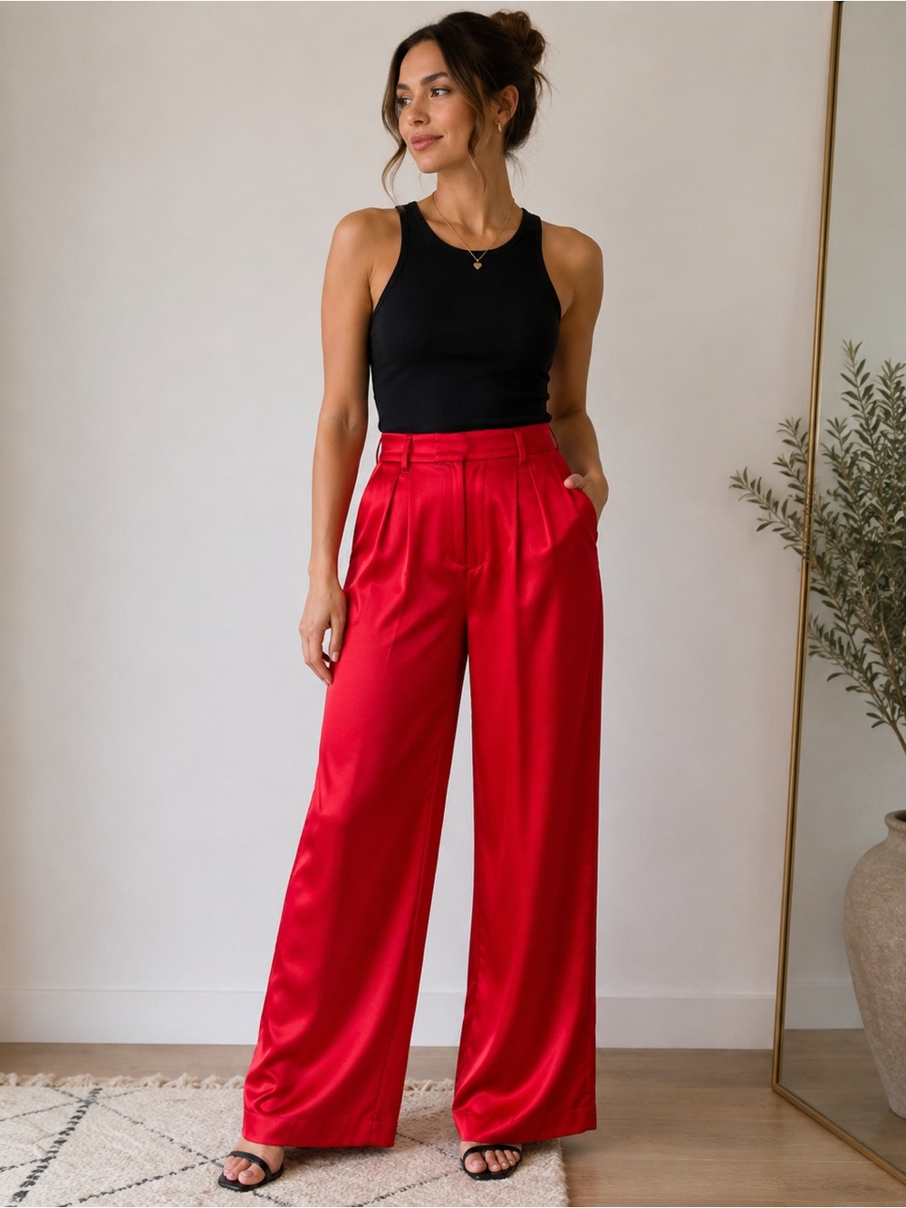 A New Day Red Satin Wide Leg Pleated Pants Size 8